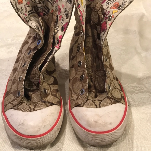 Coach Khaki /Pink High Top Sneakers  Size 7 1/2 - Picture 1 of 12